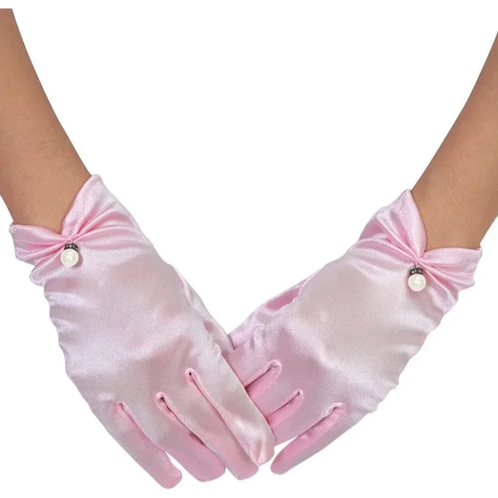 Women's Evening Pink-Satin Short Lace Gloves Wrist Wedding Bridal Party